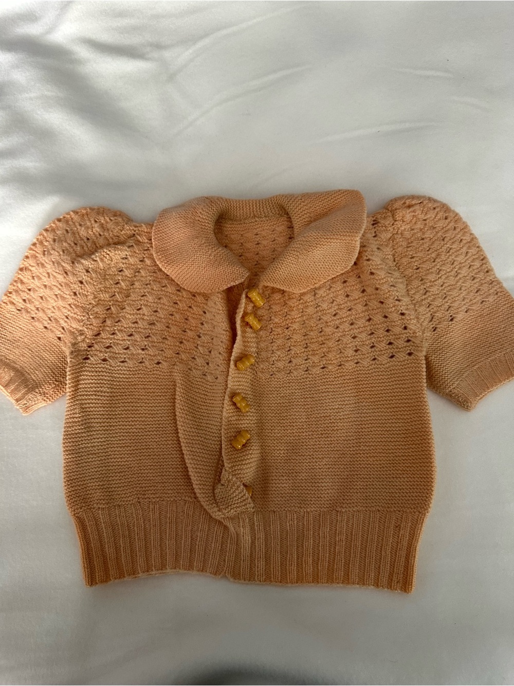 Vintage Peach Knit Baby Short-Sleeve Cardigan with Peter Pan Collar